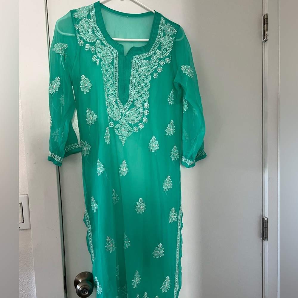 Green georgette chicken kari kurta.